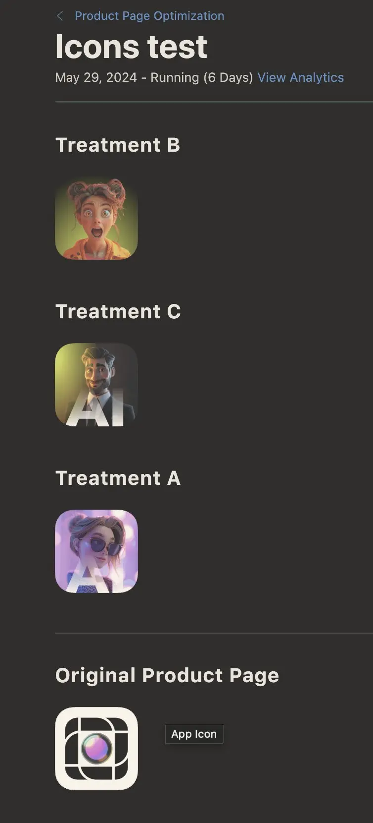 The original icon and the three new icons tested in the A/B test